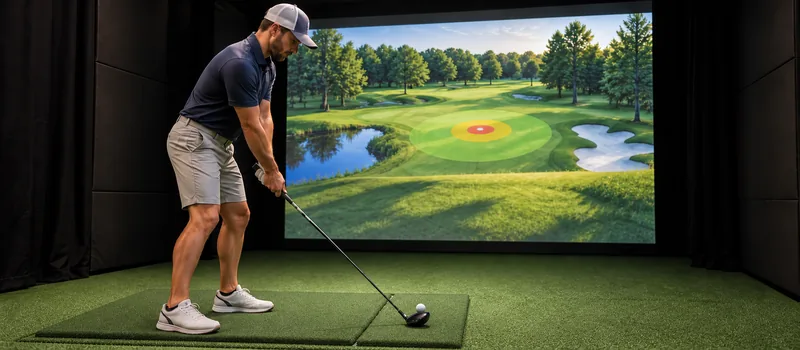 Golfer preparing for a simulator competition shot