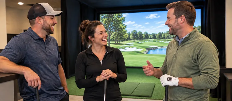 Friends enjoying time together in an indoor simulator bay