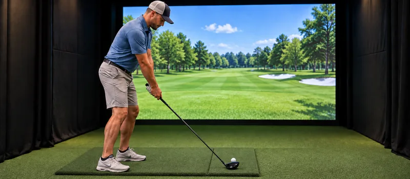 Golfer practicing in an indoor simulator bay