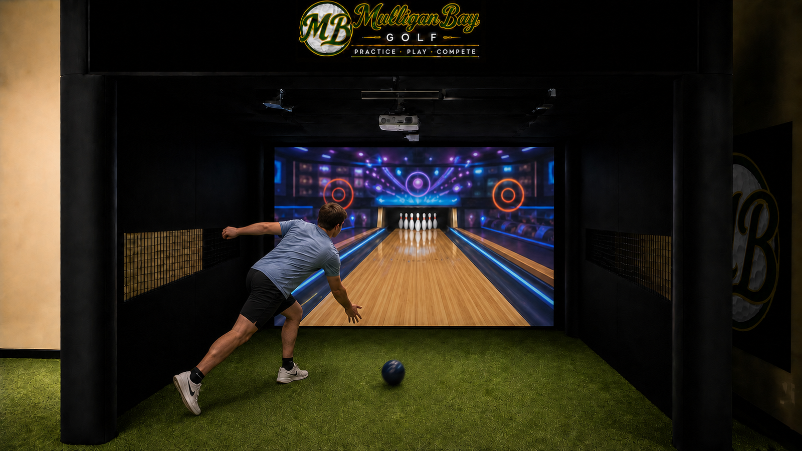 A player bowling toward a projected lane in the Bay 3 enclosure