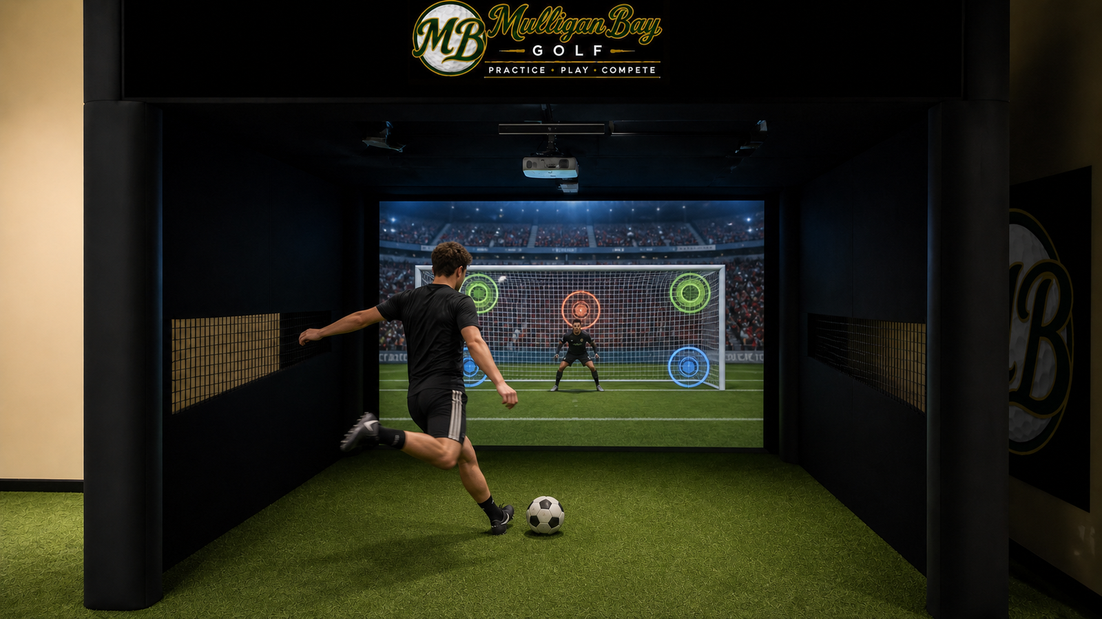 A player kicking a soccer ball toward interactive targets in the Bay 3 enclosure