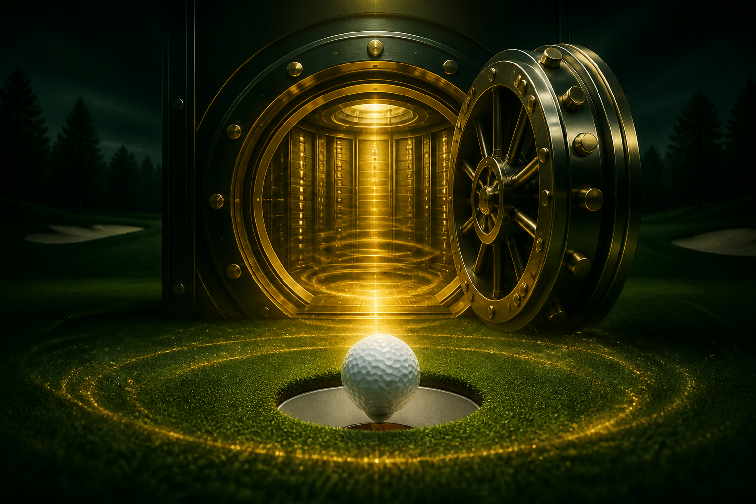 Golf ball at the cup in front of a glowing vault representing the Ace Vault prize