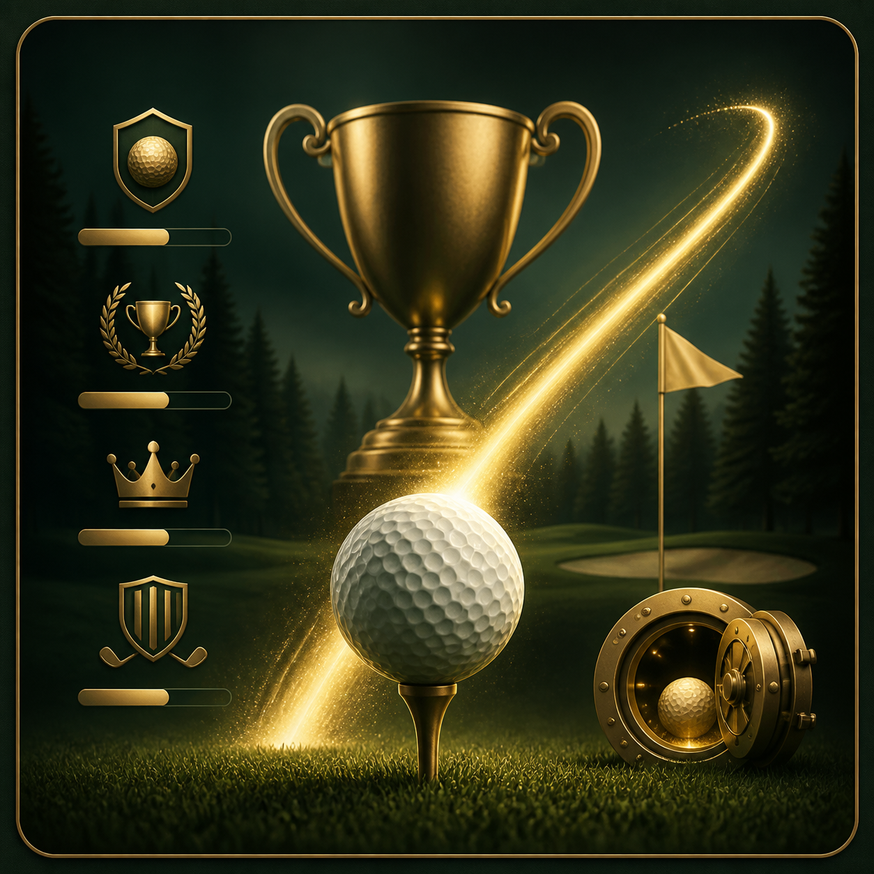 Golf competition graphic with a ball, trophy, flag, long-drive trail, and Ace Vault