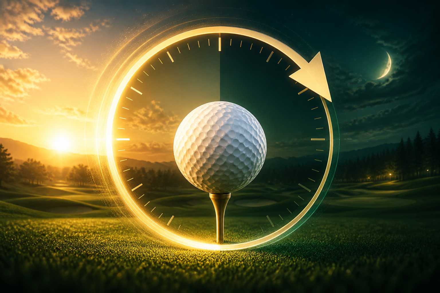 Golf ball on a tee surrounded by a day-to-night reset clock