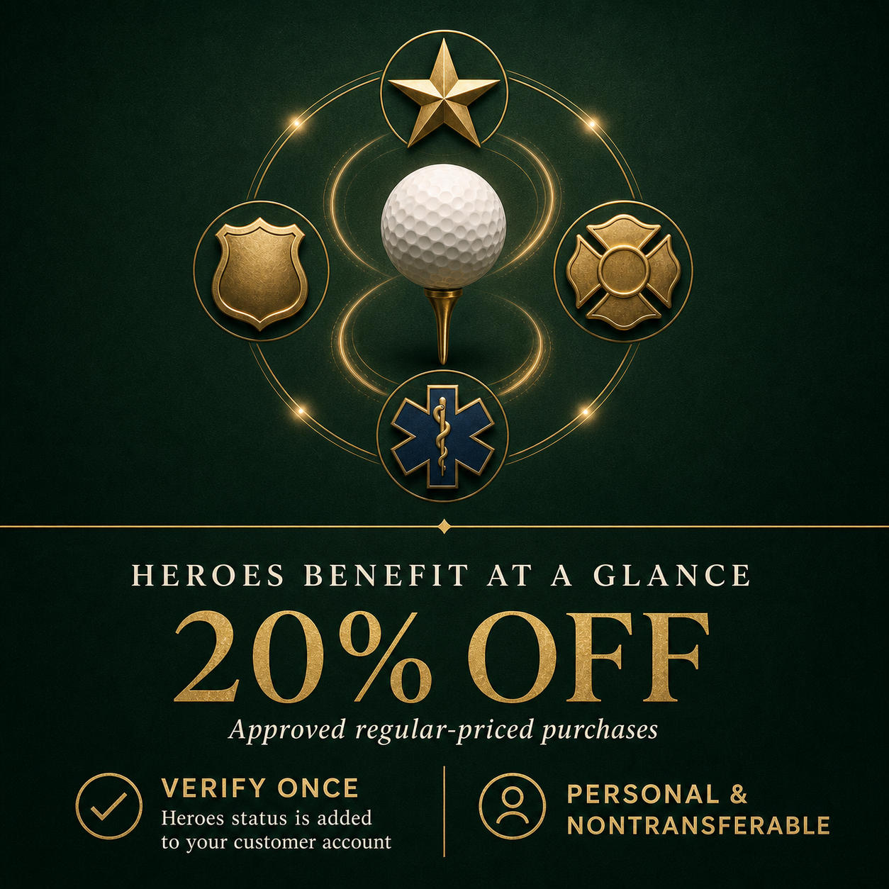 Heroes benefit graphic showing a golf ball with symbols representing military, law enforcement, fire, and EMS service and a 20 percent discount summary