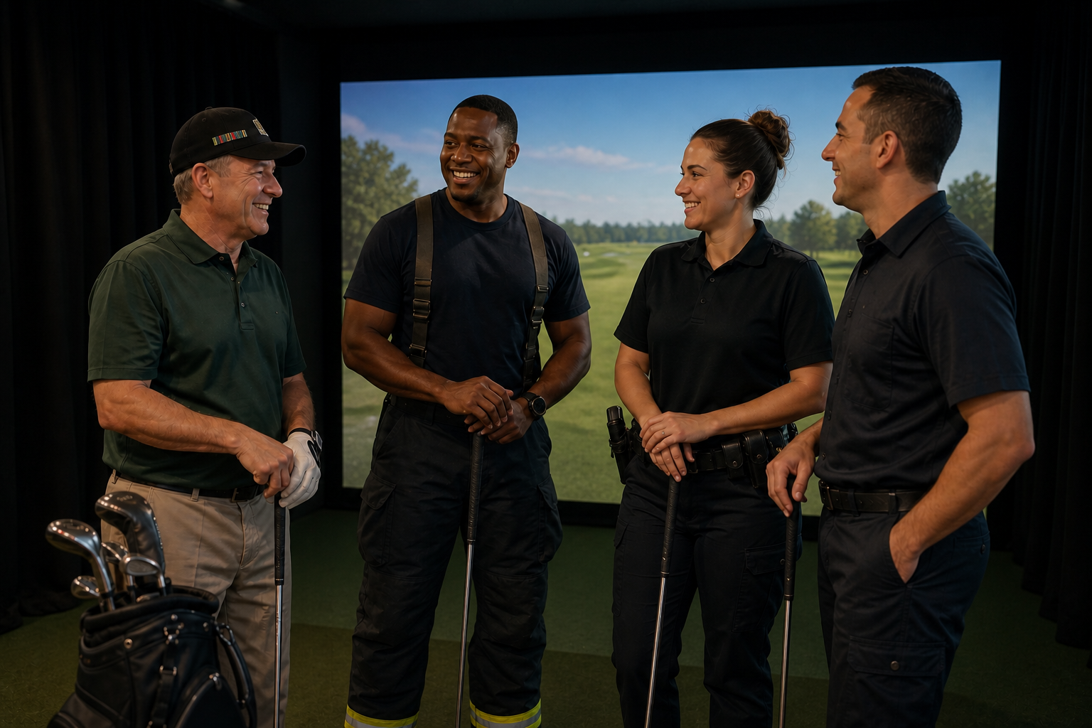 A veteran and first responders enjoying indoor golf together at Mulligan Bay Golf
