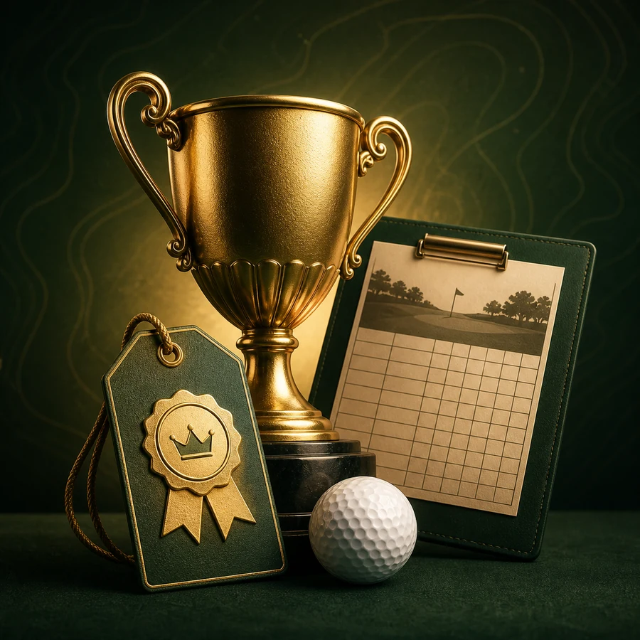 Golf trophy, scorecard, and golf ball representing member event pricing