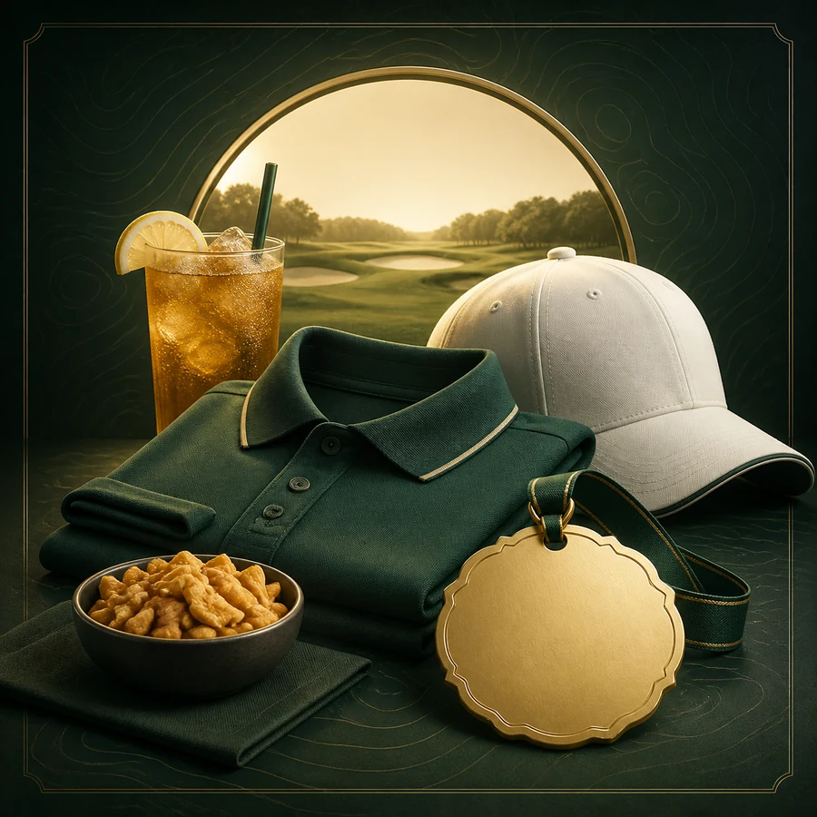 Golf merchandise, snack, and beverage representing member savings