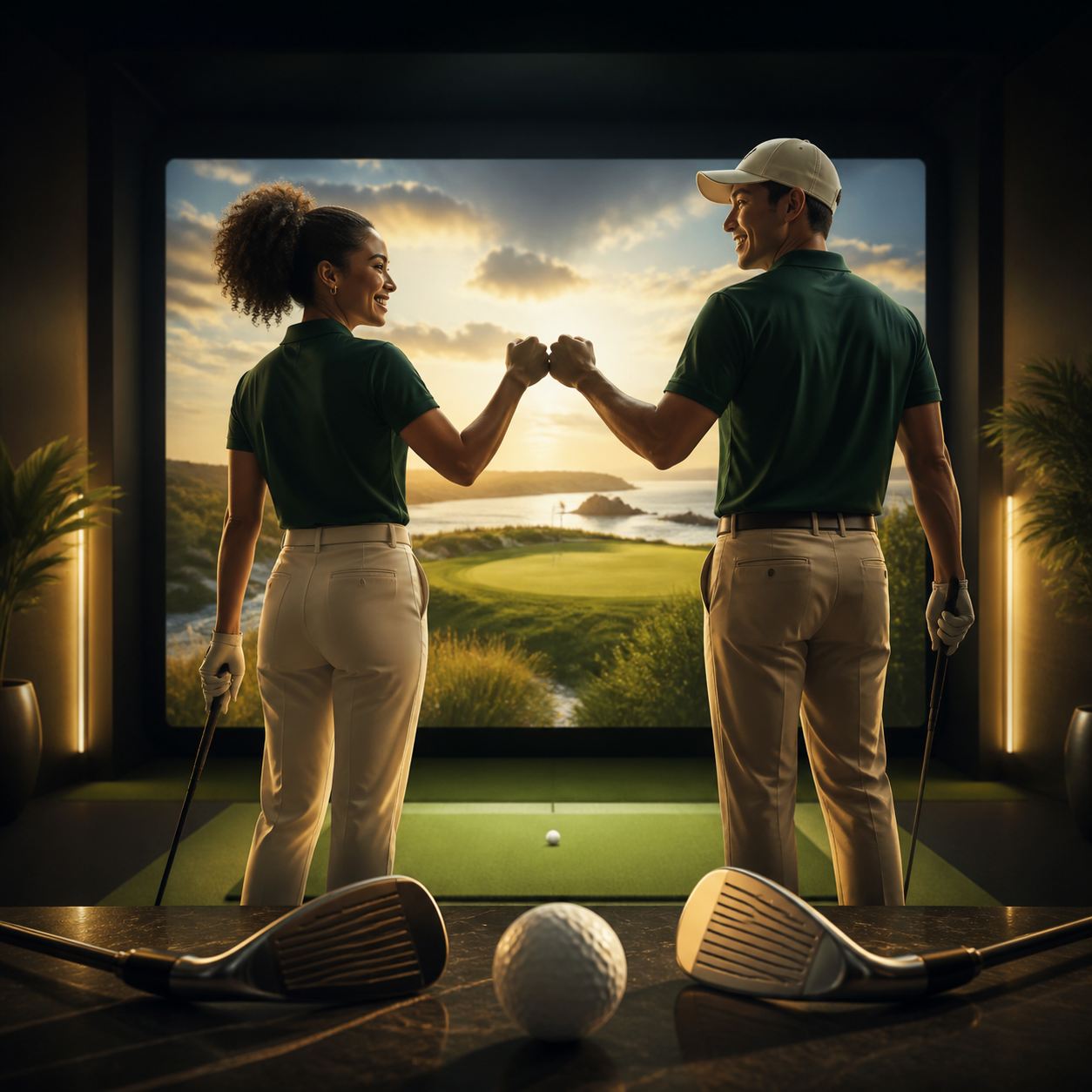 Two golfers sharing a fist bump while playing together on an indoor golf simulator
