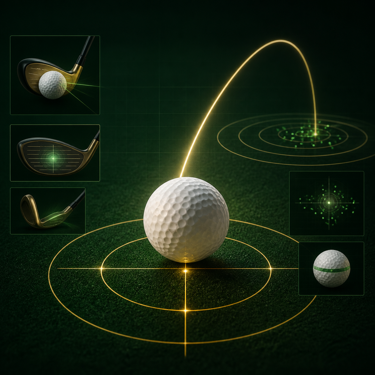 Golf practice graphic with a ball, target rings, shot trajectory, club impact, and dispersion data