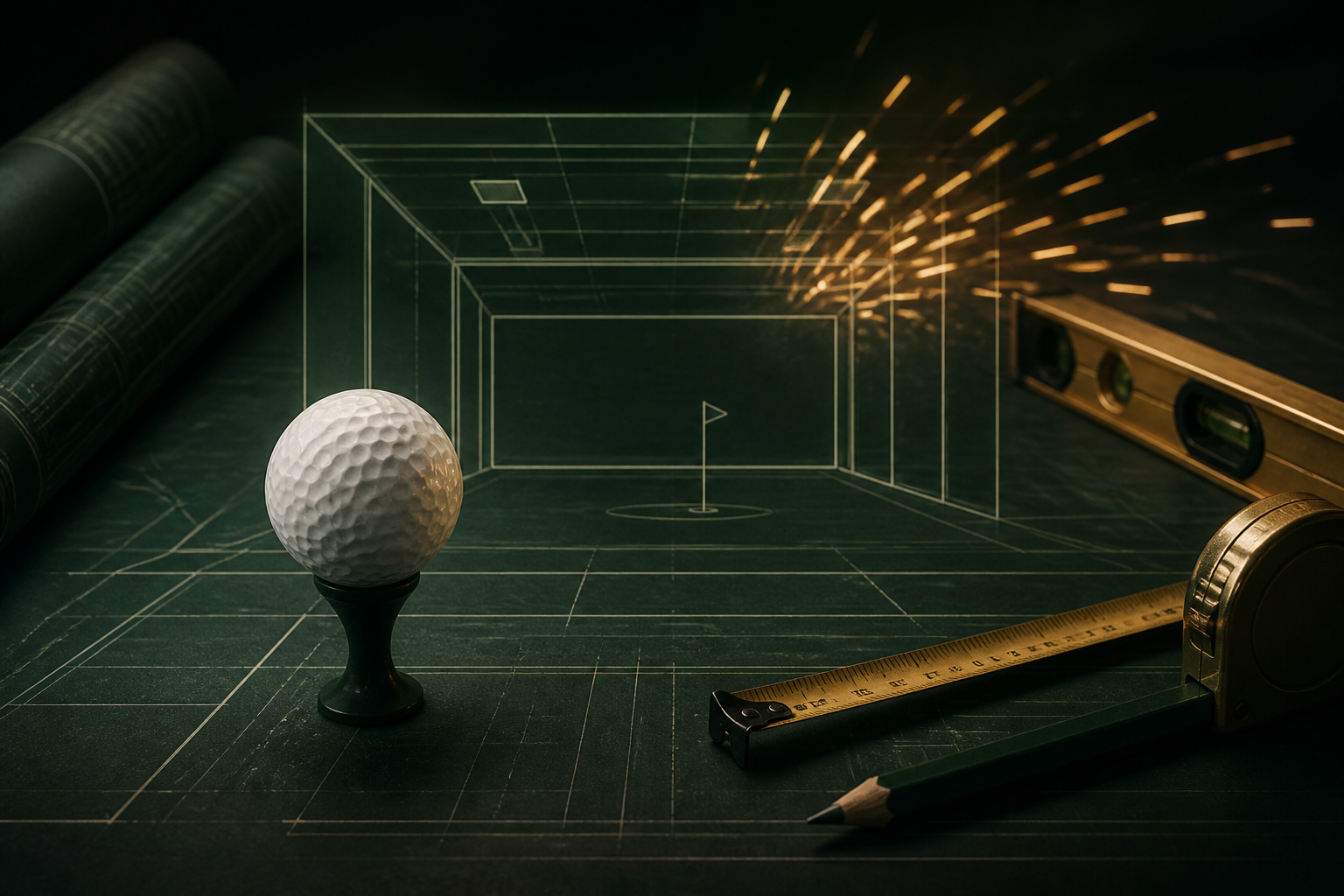 Golf simulator construction concept shown through blueprints, a golf ball, measuring tools, and a level