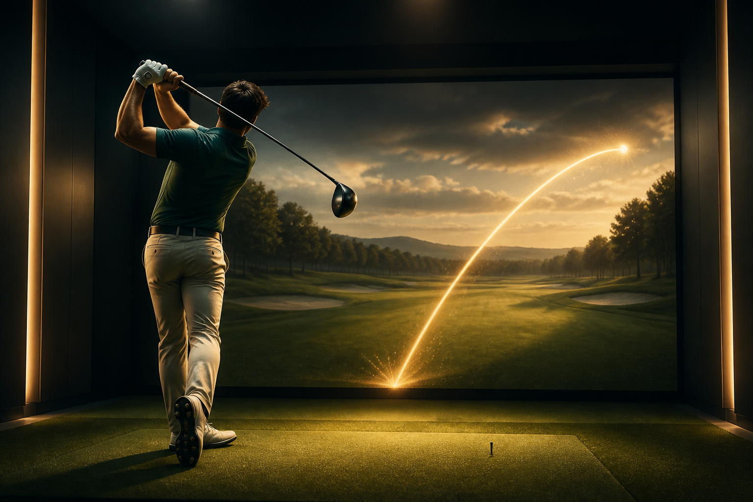 Golfer finishing a powerful long drive toward an indoor simulator screen